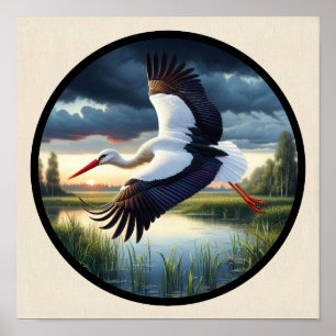 A Circular 3D Image of a Beautiful White Stork Poster