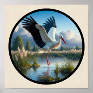 A Circular 3D Image of a Beautiful White Stork Poster