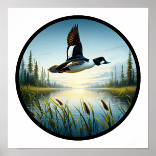 A Circular 3D Image of a Common Goldeneye Duck Poster