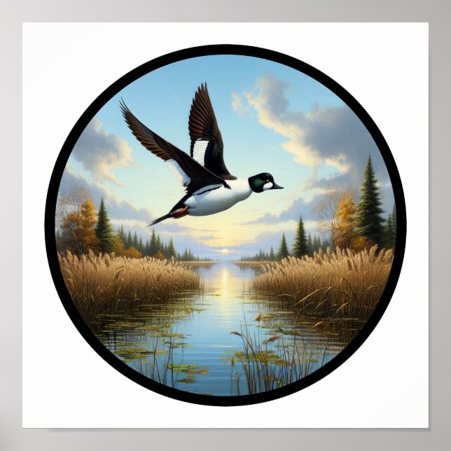 A Circular 3D Image of a Common Goldeneye Duck Poster (Front)