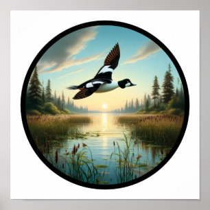 A Circular 3D Image of a Common Goldeneye Duck Poster