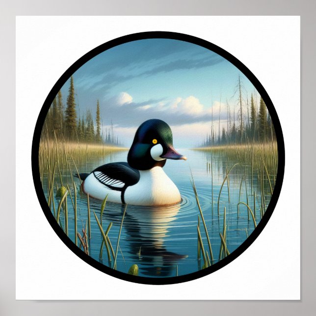 A Circular 3D Image of a Common Goldeneye Duck Poster (Front)