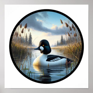 A Circular 3D Image of a Common Goldeneye Duck Poster
