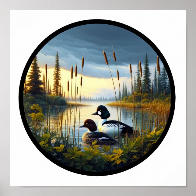 A Circular 3D Image of a Common Goldeneye Duck Poster (Front)