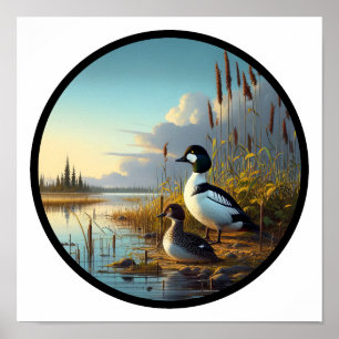 A Circular 3D Image of a Common Goldeneye Duck Poster