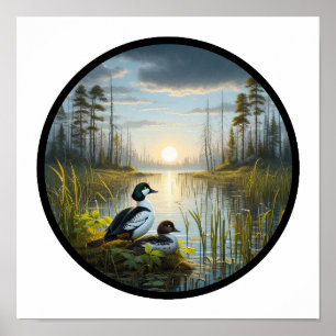 A Circular 3D Image of a Common Goldeneye Duck Poster