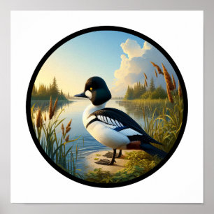 A Circular 3D Image of a Common Goldeneye Duck Poster