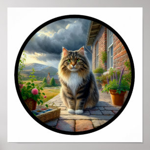 A Circular 3D Image of a Domestic Longhair Cat Poster