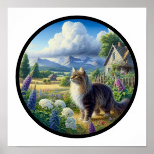 A Circular 3D Image of a Domestic Longhair Cat Poster