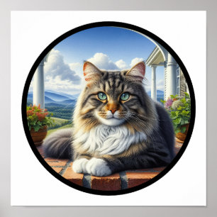 A Circular 3D Image of a Domestic Medium Hair Cat Poster