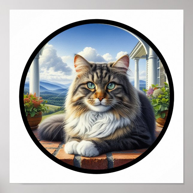 A Circular 3D Image of a Domestic Medium Hair Cat Poster (Front)