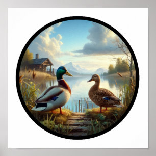 A Circular 3D Image of a Male and Female Mallard Poster