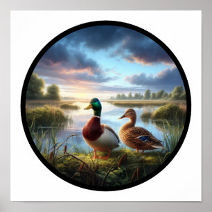 A Circular 3D Image of a Male and Female Mallard Poster