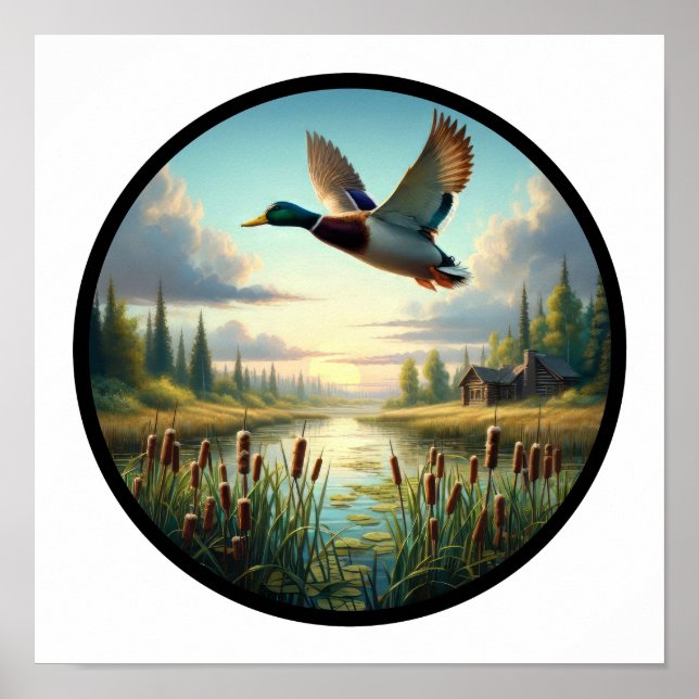A Circular 3D Image of a Mallard Duck Flying Poster (Front)