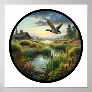 A Circular 3D Image of a Mallard Duck Flying Poster