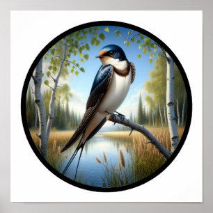 A Circular 3D Image of a Perched Tree Swallow Poster
