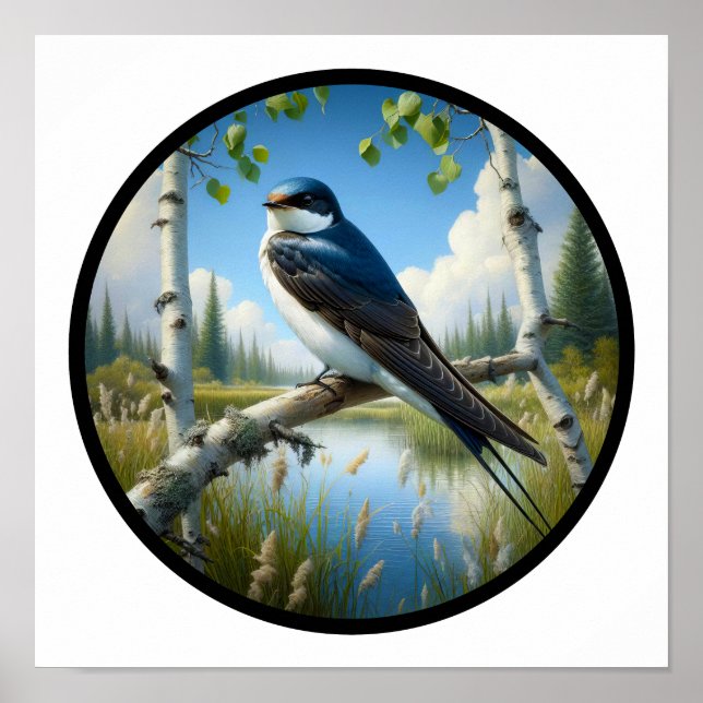 A Circular 3D Image of a Perched Tree Swallow  Poster (Front)