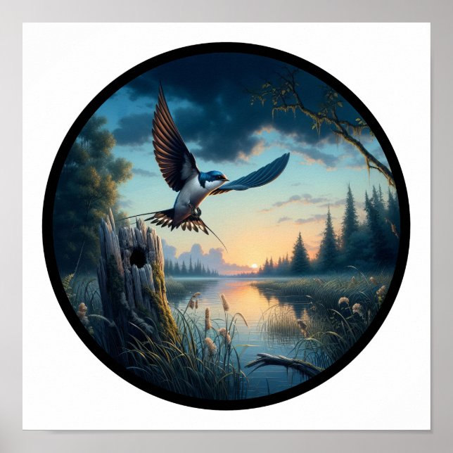 A Circular 3D Image of a Tree Swallow flying Poster (Front)