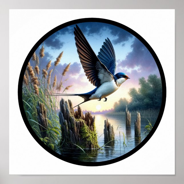 A Circular 3D Image of a Tree Swallow flying Poster (Front)