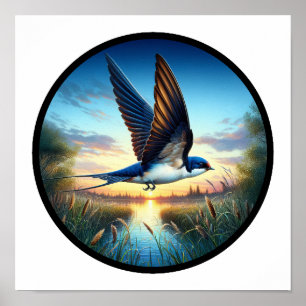 A Circular 3D Image of a Tree Swallow flying Poster