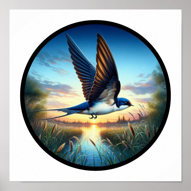 A Circular 3D Image of a Tree Swallow flying Poster (Front)