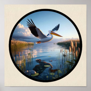 A Circular 3D Image of an American White Pelican Poster