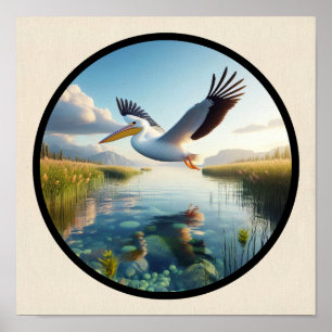 A Circular 3D Image of an American White Pelican Poster