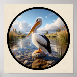 A Circular 3D Image of an American White Pelican Poster