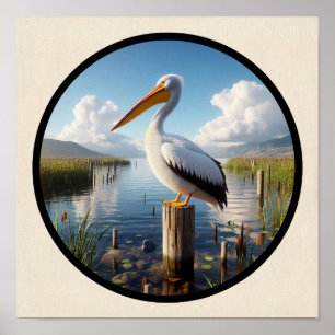 A Circular 3D Image of an American White Pelican Poster
