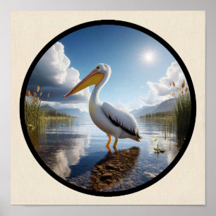 A Circular 3D Image of an American White Pelican Poster