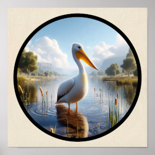A Circular 3D Image of an American White Pelican Poster