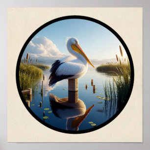 A Circular 3D Image of an American White Pelican Poster