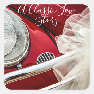 A classic car love story red white wedding  square sticker