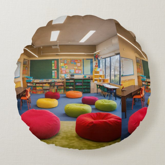 A classroom with a teacher's desk, and student d round cushion (Front)
