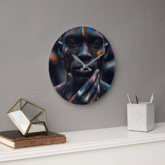A close shot portrait of a colourful man large clock