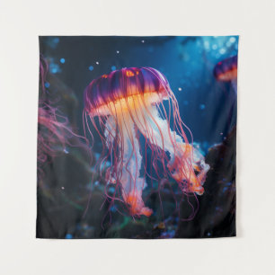 A close-up of a glowing curly jellyfish tapestry