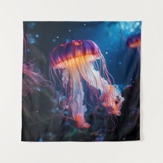 A close-up of a glowing curly jellyfish tapestry