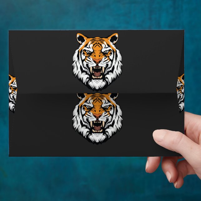 a close up of a tiger's face on a black background envelope (Hand)