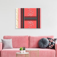 A close-up of red and black patterned fabric featu