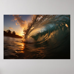 A close up picture of a giant wave at sunset poster