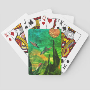 A close up view of fantasy worlds and their moons playing cards