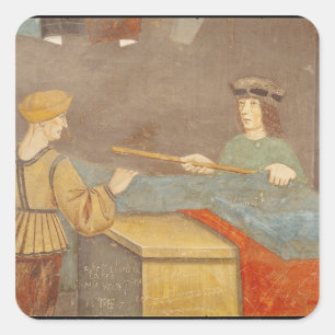 A Cloth Merchant Measuring Cloth Square Sticker