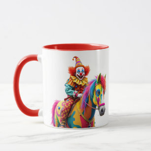 A clown rides a rainbow horse. mug