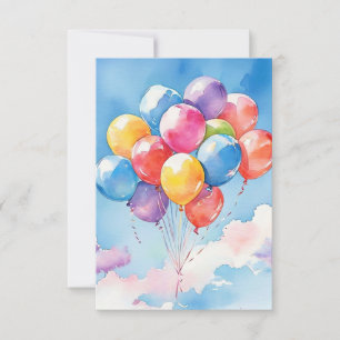 A cluster of colourful watercolor balloons thank you card