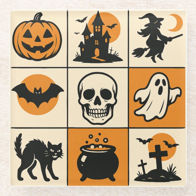 A coaster with various Halloween-themed images (Front)