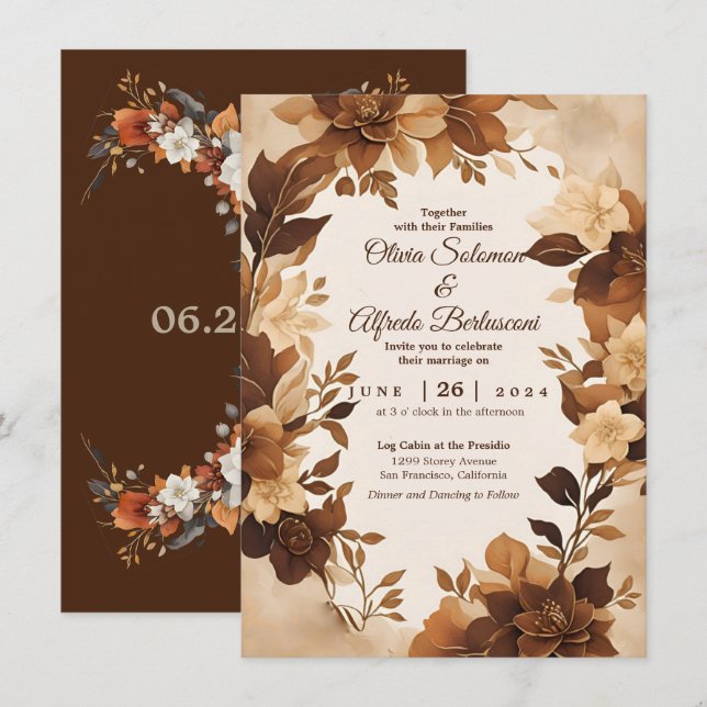 A Coffee & Cream Autumn Floral Theme Wedding Invitation (Front/Back)