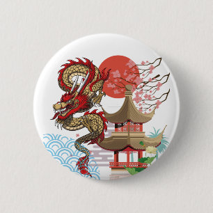 A collaboration of Japanese scenery and dragons 6 Cm Round Badge
