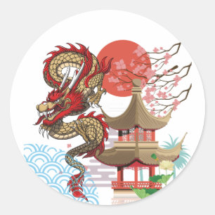 A collaboration of Japanese scenery and dragons Classic Round Sticker