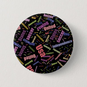 A collection of coloured words that describe Ameri 6 Cm Round Badge