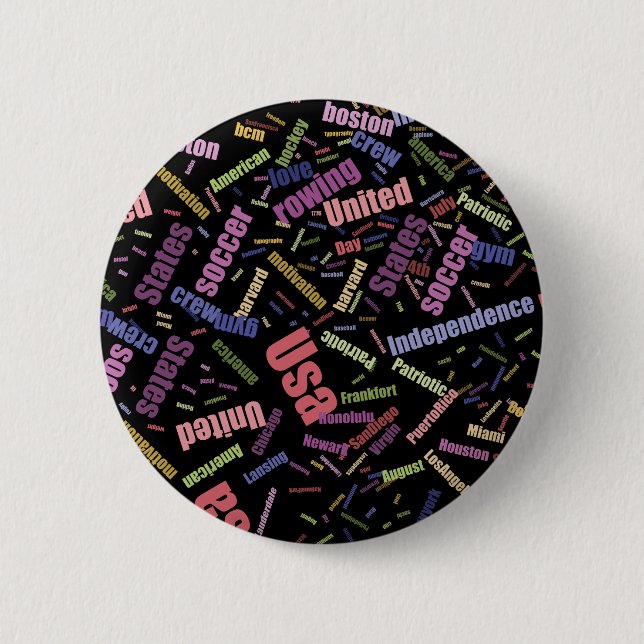 A collection of coloured words that describe Ameri 6 Cm Round Badge (Front)